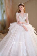 Ethereal V-Neck Crystal Tulle Ball Gown Wedding Dress with Long Sleeves & Cathedral Train