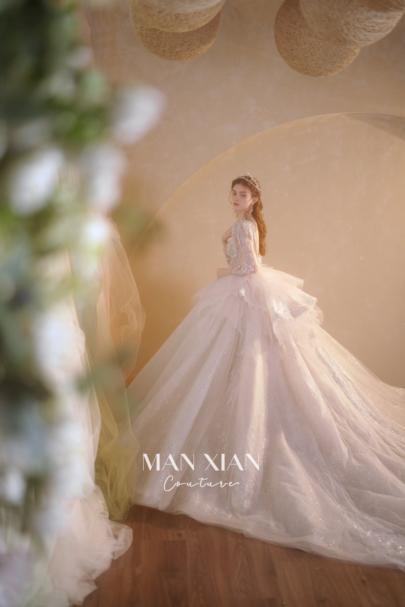 Ethereal V-Neck Crystal Tulle Ball Gown Wedding Dress with Long Sleeves & Cathedral Train