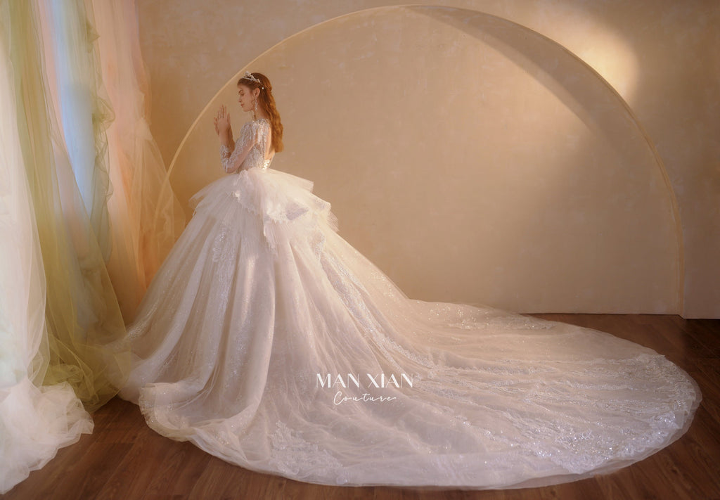 Ethereal V-Neck Crystal Ball Gown Wedding Dress with Cathedral Train & 3D Lace Appliqués