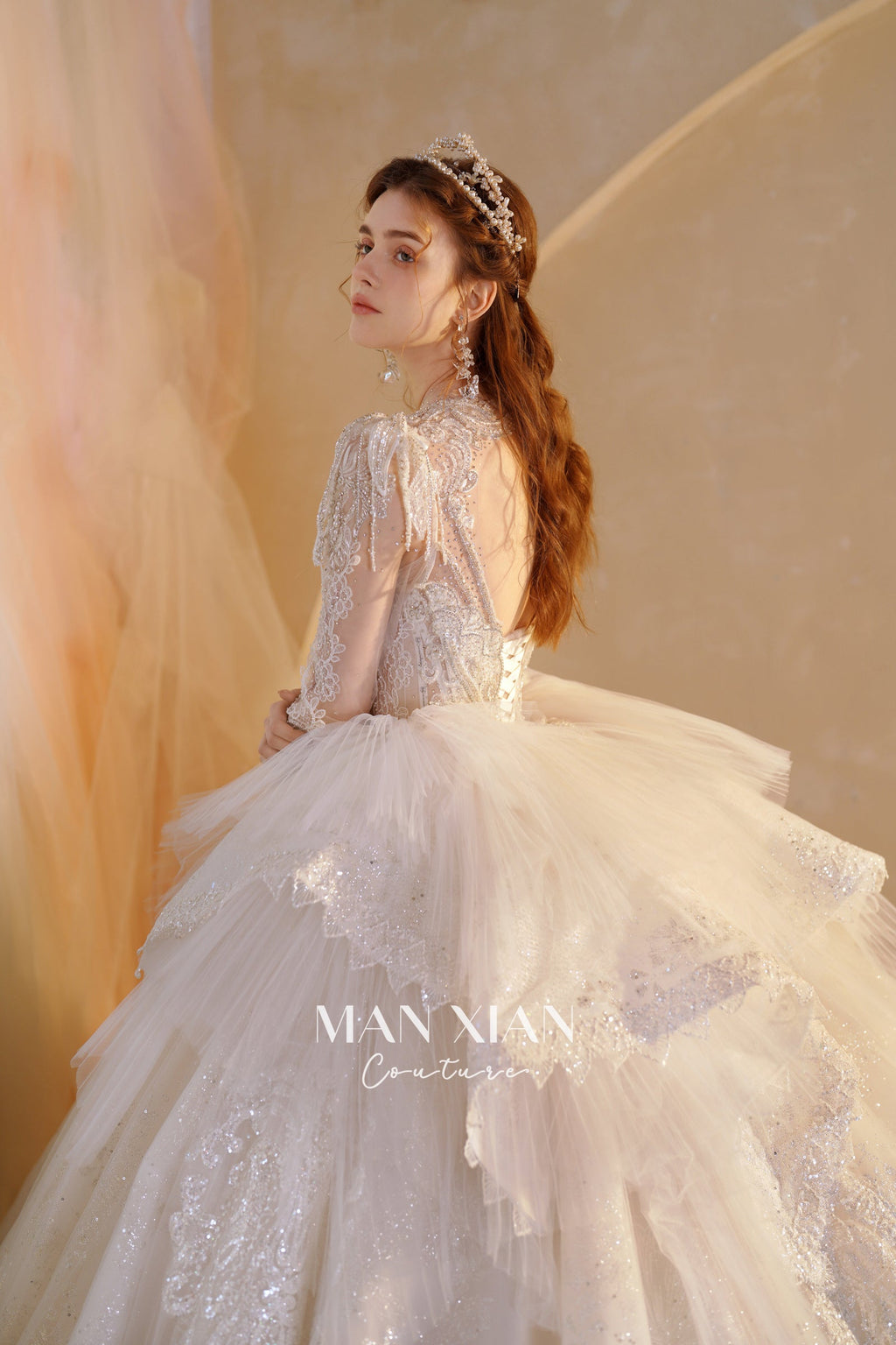 Ethereal V-Neck Crystal Ball Gown Wedding Dress with Cathedral Train & 3D Lace Appliqués