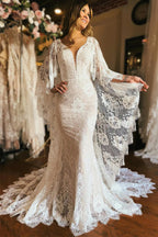 Ivory Batwing Sleeves Plunge Neck Mermaid Boho Wedding Dress
