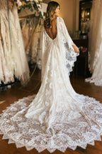 Ivory Batwing Sleeves Plunge Neck Mermaid Boho Wedding Dress
