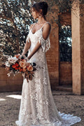 Ivory Bohemian Scoop Neckline Backless Beach Wedding Dress