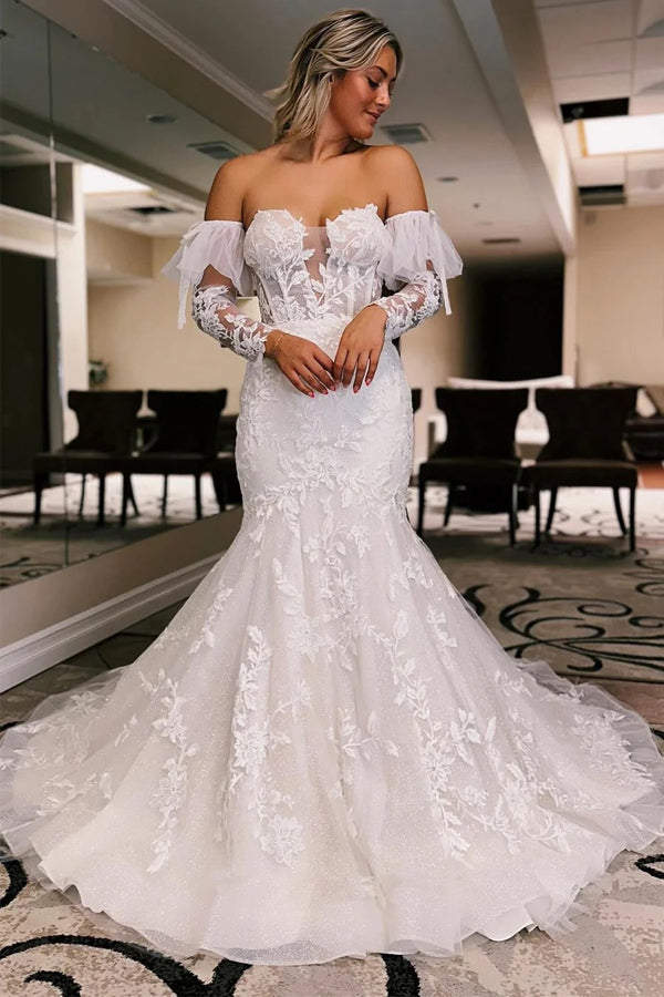 Ivory Floral Trumpet Wedding Dress with Detachable Sleeves