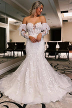 Ivory Floral Trumpet Wedding Dress with Detachable Sleeves