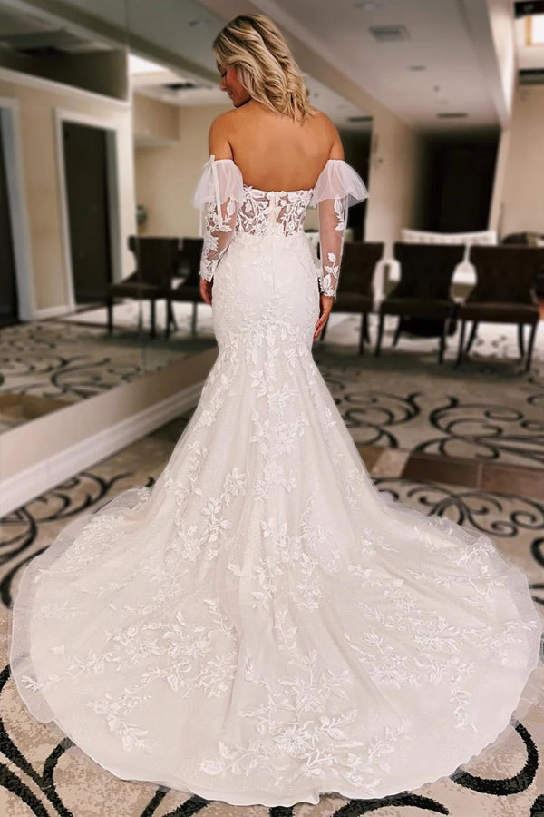 Ivory Floral Trumpet Wedding Dress with Detachable Sleeves