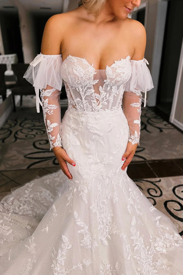 Ivory Floral Trumpet Wedding Dress with Detachable Sleeves