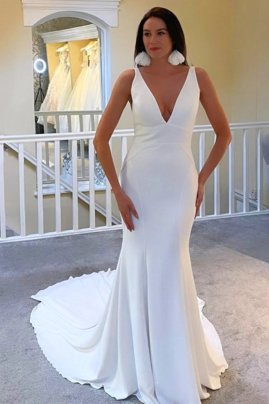 Ivory Plunge V Neck Open Back Mermaid Long Wedding Dress
