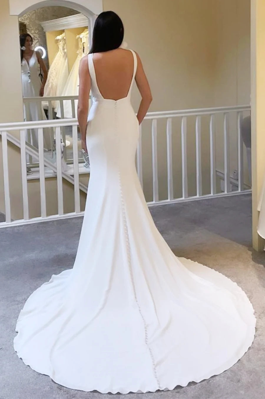 Ivory Plunge V Neck Open Back Mermaid Long Wedding Dress