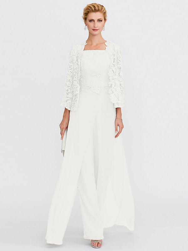 3 Piece Chiffon Square Neck Mother of the Bride Pantsuits with Jacket