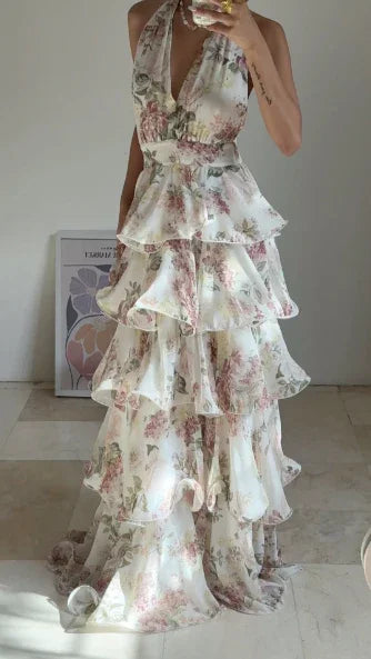 Glamorous Chiffon Print Floral A Line Backless Prom Dress V Neck Halter Layered Evening Dress Y8501