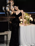 Black Sequins Sparkling Evening Dress Sexy Backless Evening Gown Y1124