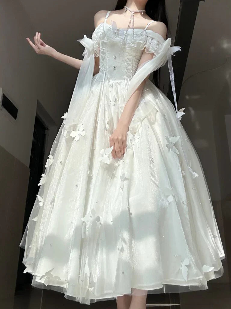 Elegant White Spaghetti Straps Tulle Lace Butterfly Appliques Prom Dress Evening Dress Y8394