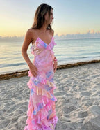 Romantic Spaghetti Straps V Neck Chiffon Print Prom Dress,Charming Evening Dress Y2306