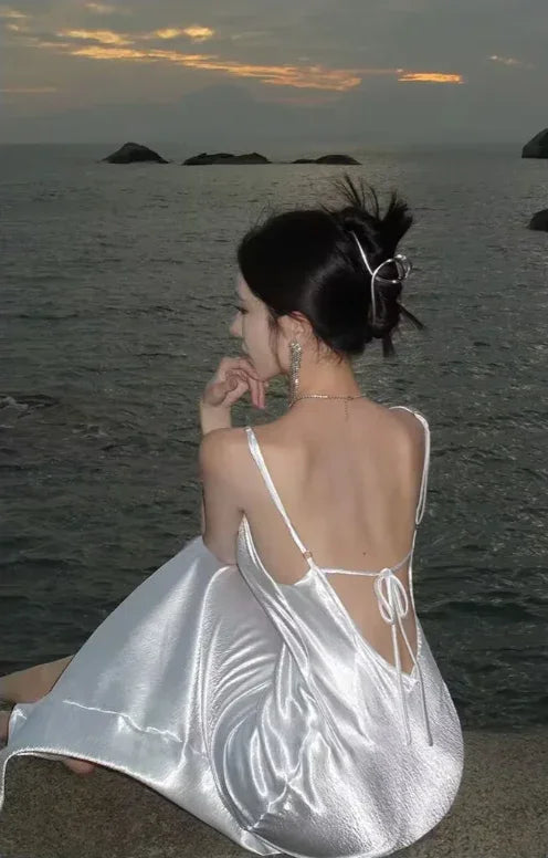 Simple White Satin Backless Long Prom Evening Dress Y7841