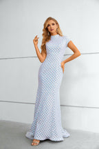 Iridescent Sequin Grid High-Neck Cap-Sleeve Mermaid Maxi Dress