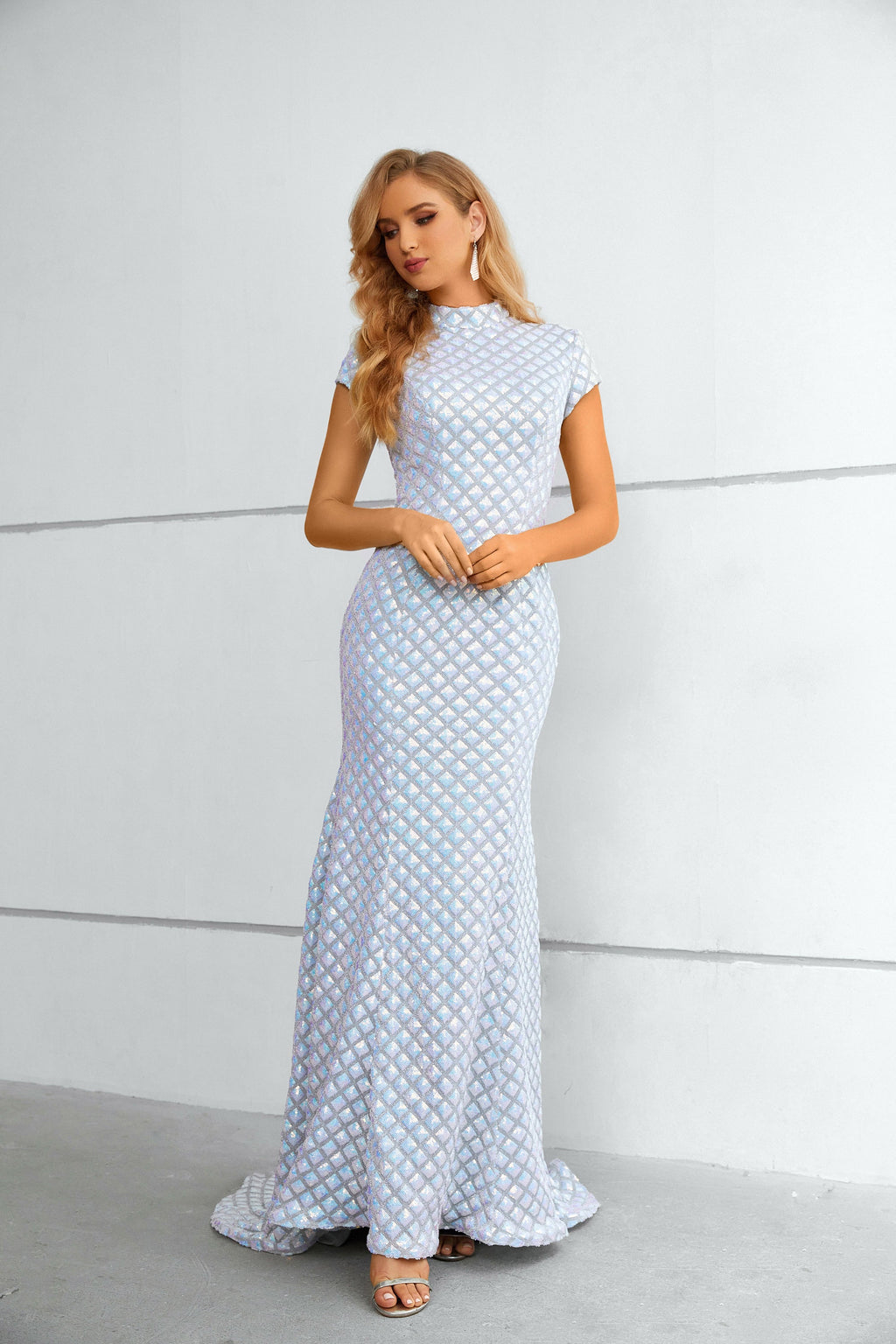 Iridescent Sequin Grid High-Neck Cap-Sleeve Mermaid Maxi Dress