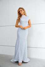 Iridescent Sequin Grid High-Neck Cap-Sleeve Mermaid Maxi Dress