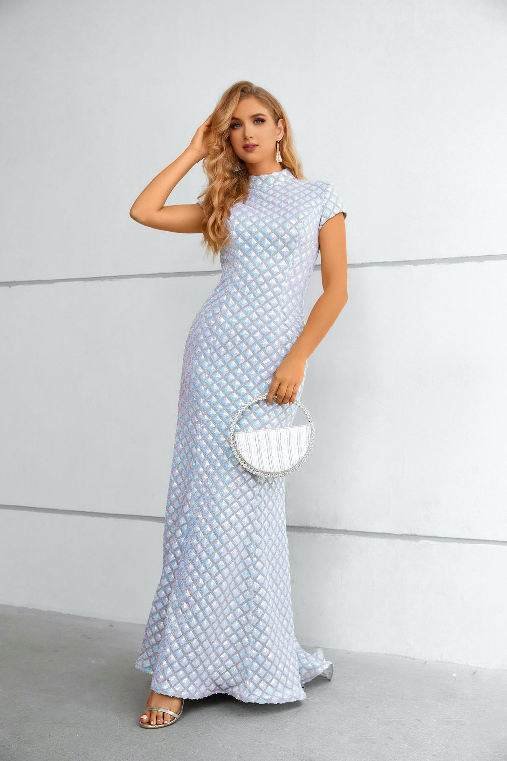 Iridescent Sequin Grid High-Neck Cap-Sleeve Mermaid Maxi Dress