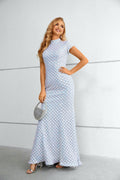 Iridescent Sequin Grid High-Neck Cap-Sleeve Mermaid Maxi Dress