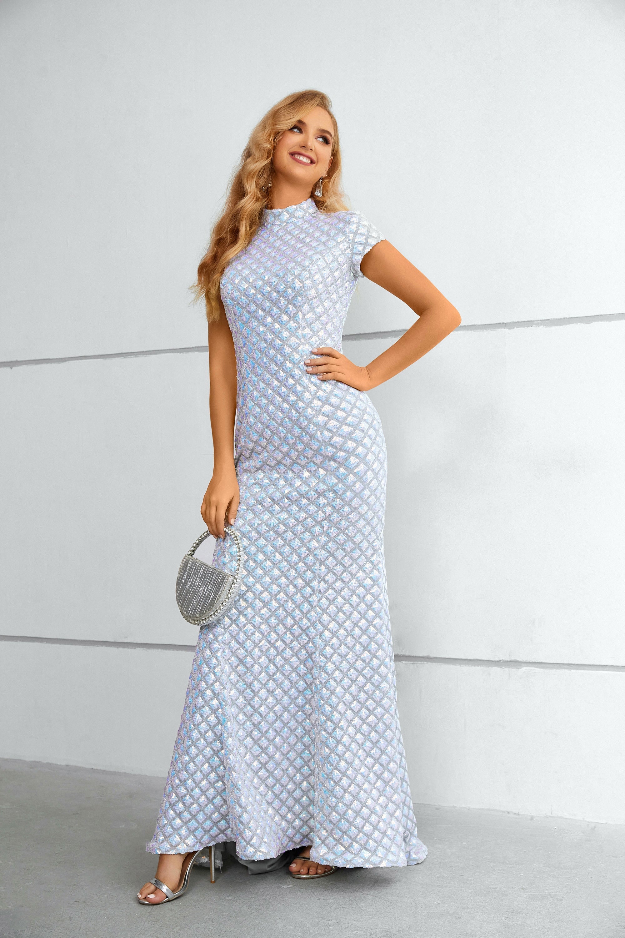 Iridescent Sequin Grid High-Neck Cap-Sleeve Mermaid Maxi Dress