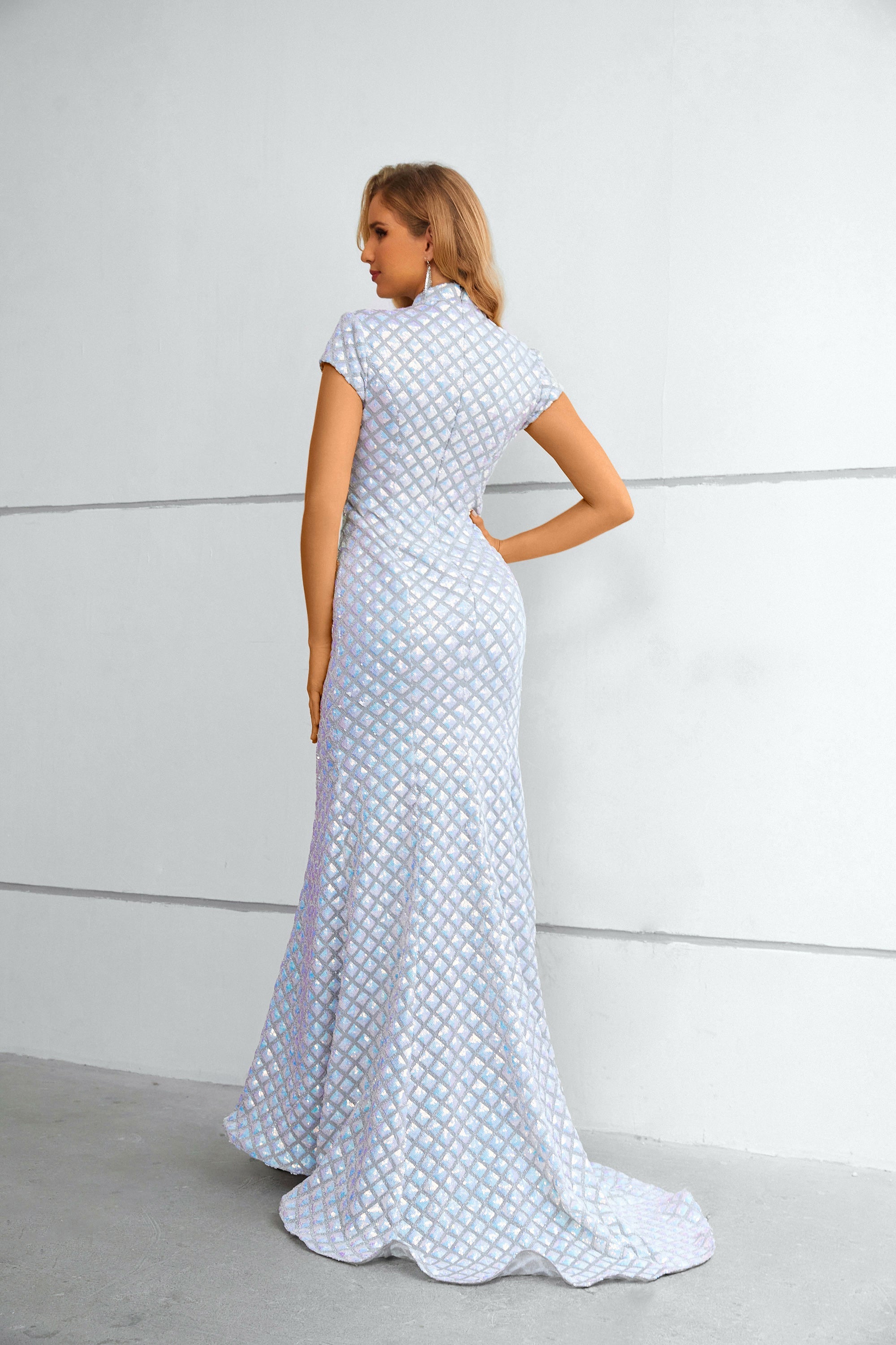 Iridescent Sequin Grid High-Neck Cap-Sleeve Mermaid Maxi Dress