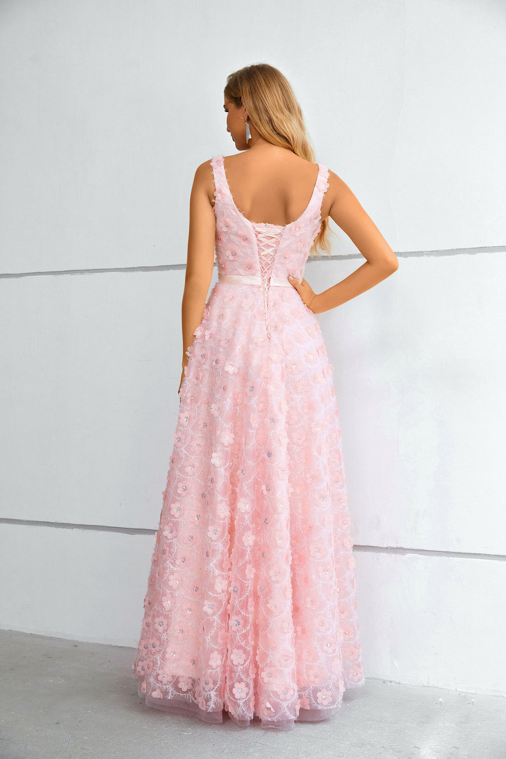 Pink 3D Floral Lace Square Neck Maxi Dress with Lace-Up Back