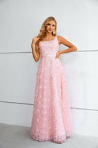 Pink 3D Floral Lace Square Neck Maxi Dress with Lace-Up Back