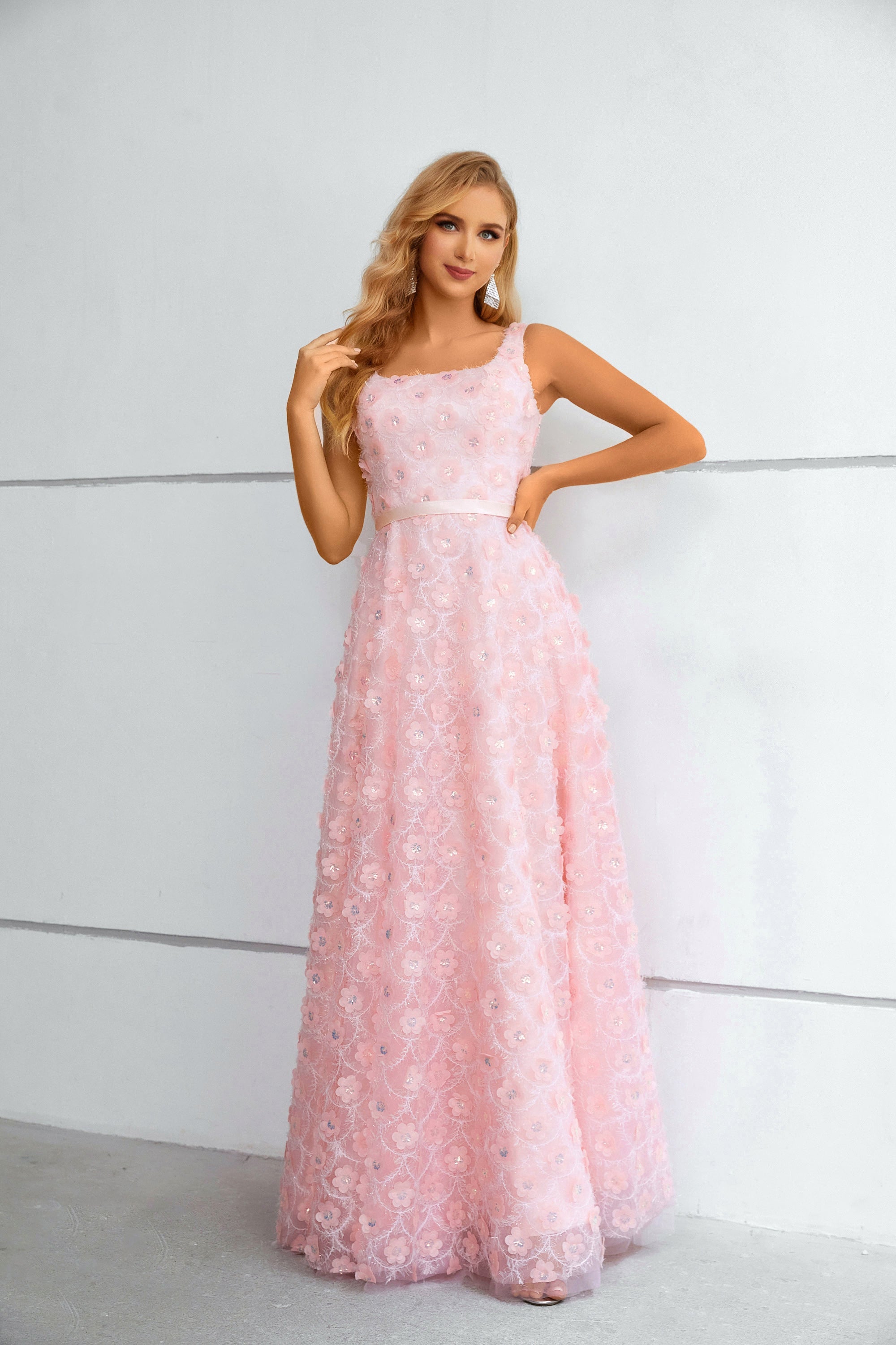 Pink 3D Floral Lace Square Neck Maxi Dress with Lace-Up Back