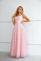 Pink 3D Floral Lace Square Neck Maxi Dress with Lace-Up Back