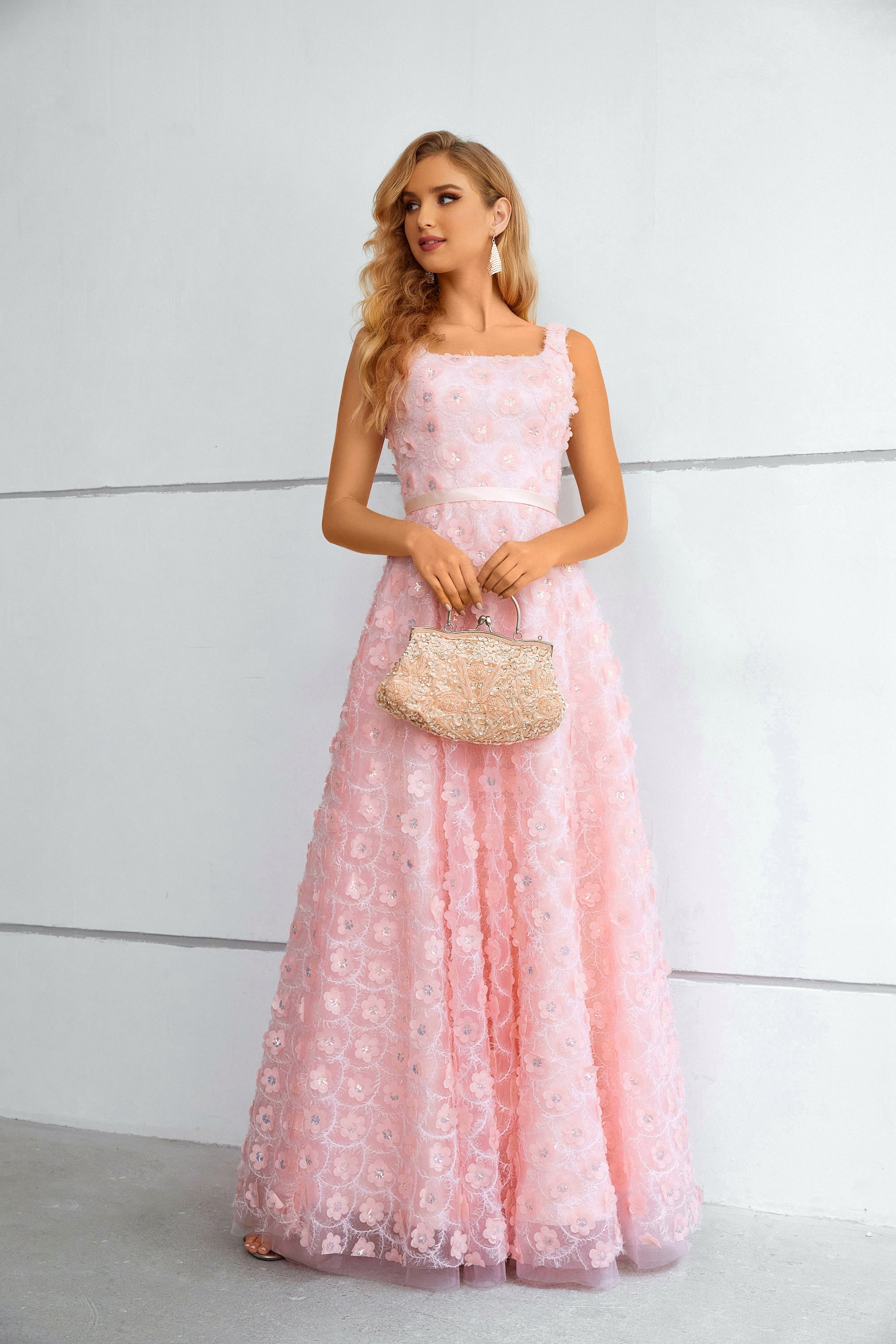 Pink 3D Floral Lace Square Neck Maxi Dress with Lace-Up Back