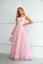 Pink 3D Floral Lace Square Neck Maxi Dress with Lace-Up Back