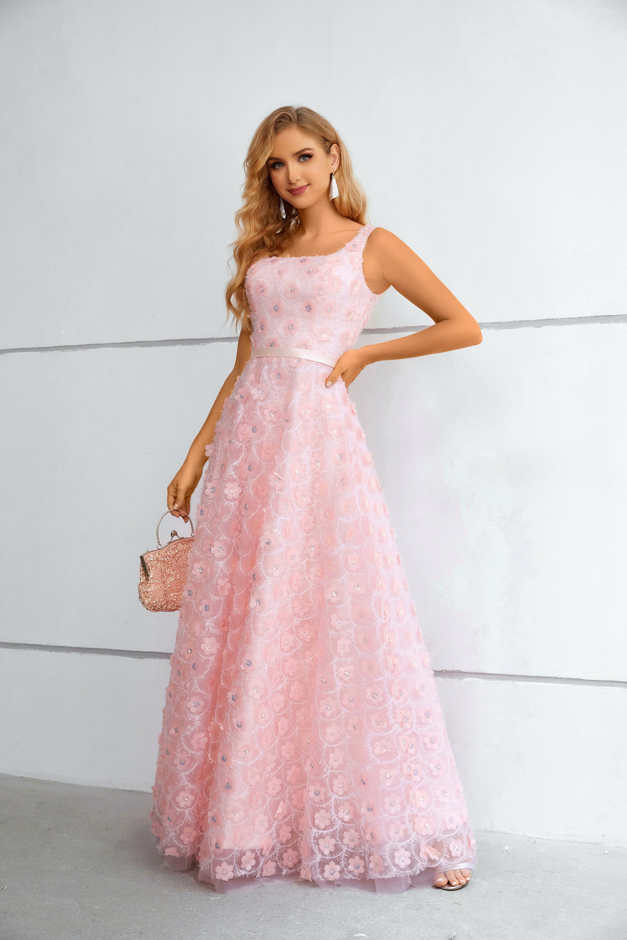 Pink 3D Floral Lace Square Neck Maxi Dress with Lace-Up Back