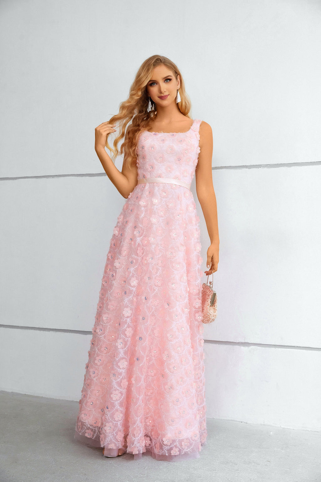 Pink 3D Floral Lace Square Neck Maxi Dress with Lace-Up Back