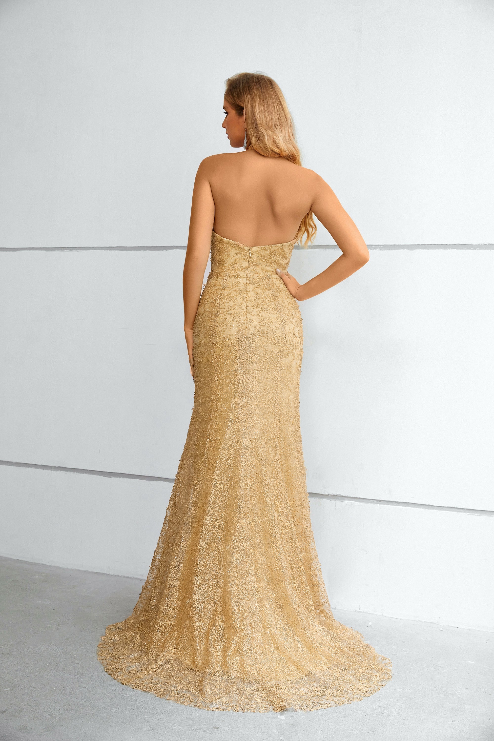 Gold Textured Halter Neck Mermaid Maxi Dress with Train