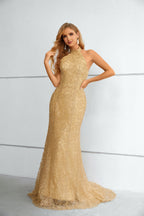 Gold Textured Halter Neck Mermaid Maxi Dress with Train