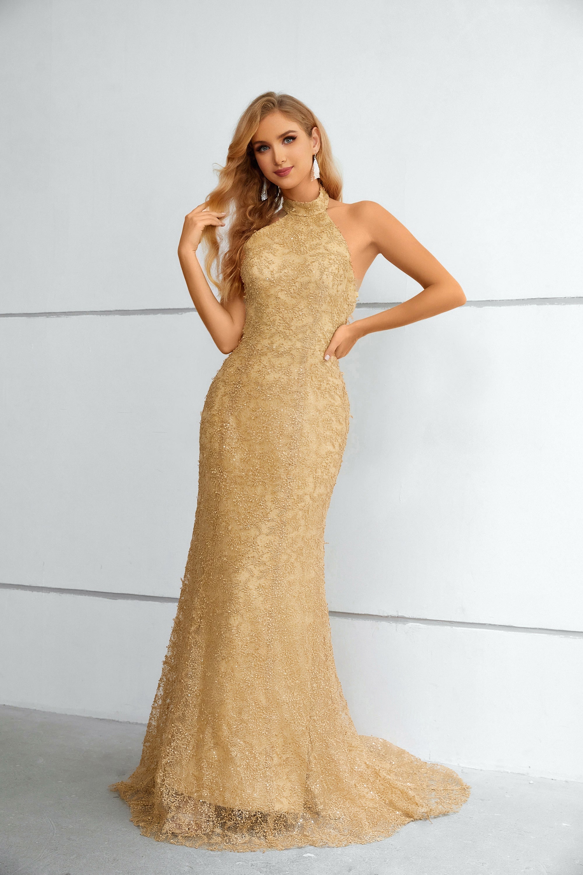 Gold Textured Halter Neck Mermaid Maxi Dress with Train