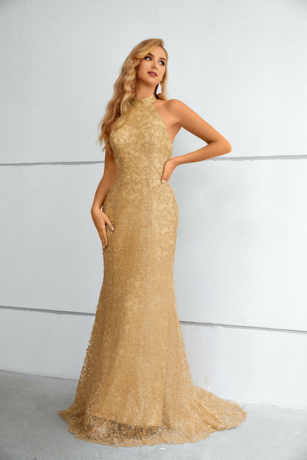 Gold Textured Halter Neck Mermaid Maxi Dress with Train