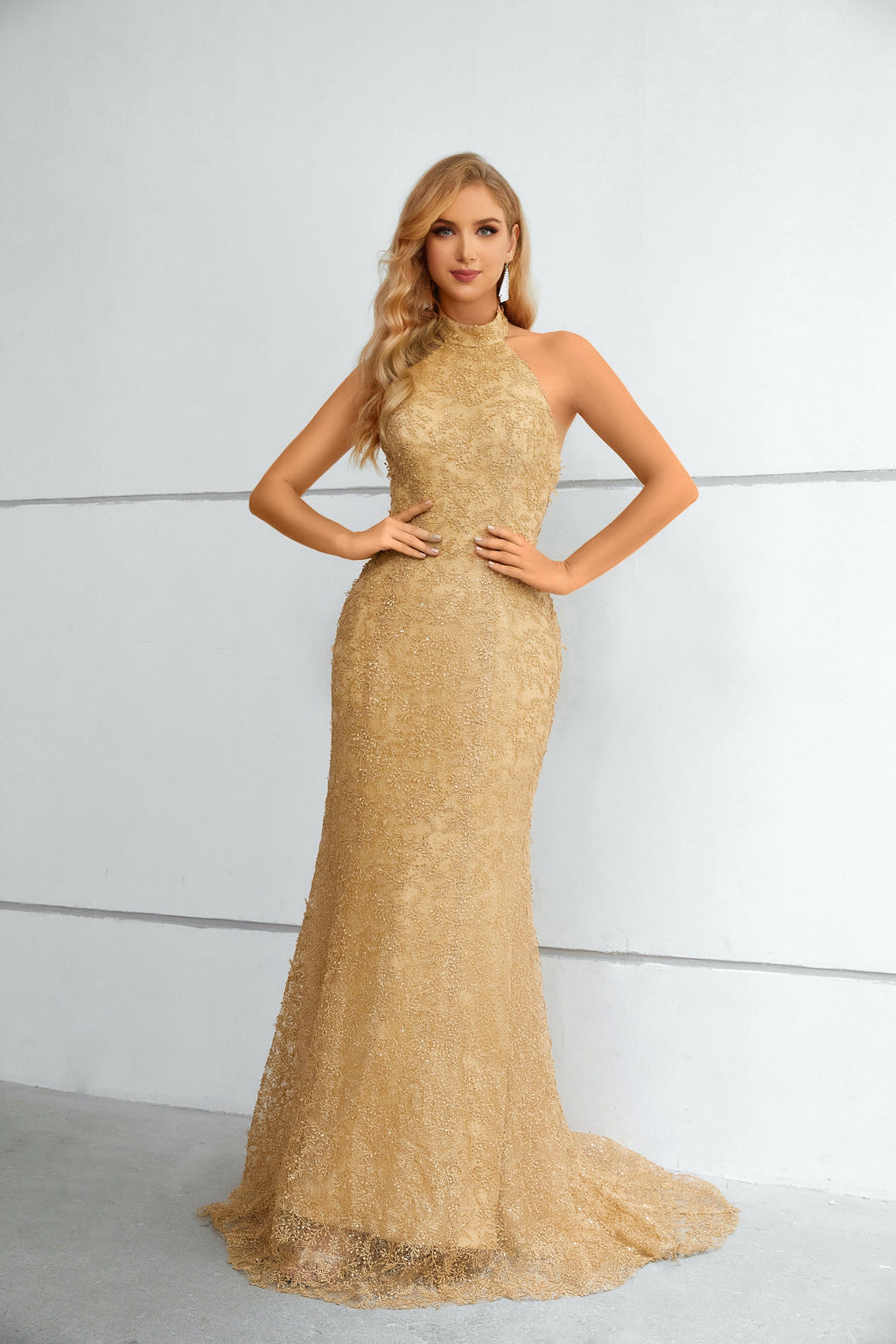 Gold Textured Halter Neck Mermaid Maxi Dress with Train