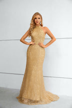 Gold Textured Halter Neck Mermaid Maxi Dress with Train
