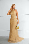 Gold Textured Halter Neck Mermaid Maxi Dress with Train