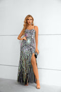 Iridescent Firework Sequin One-Shoulder Maxi Dress with High Slit