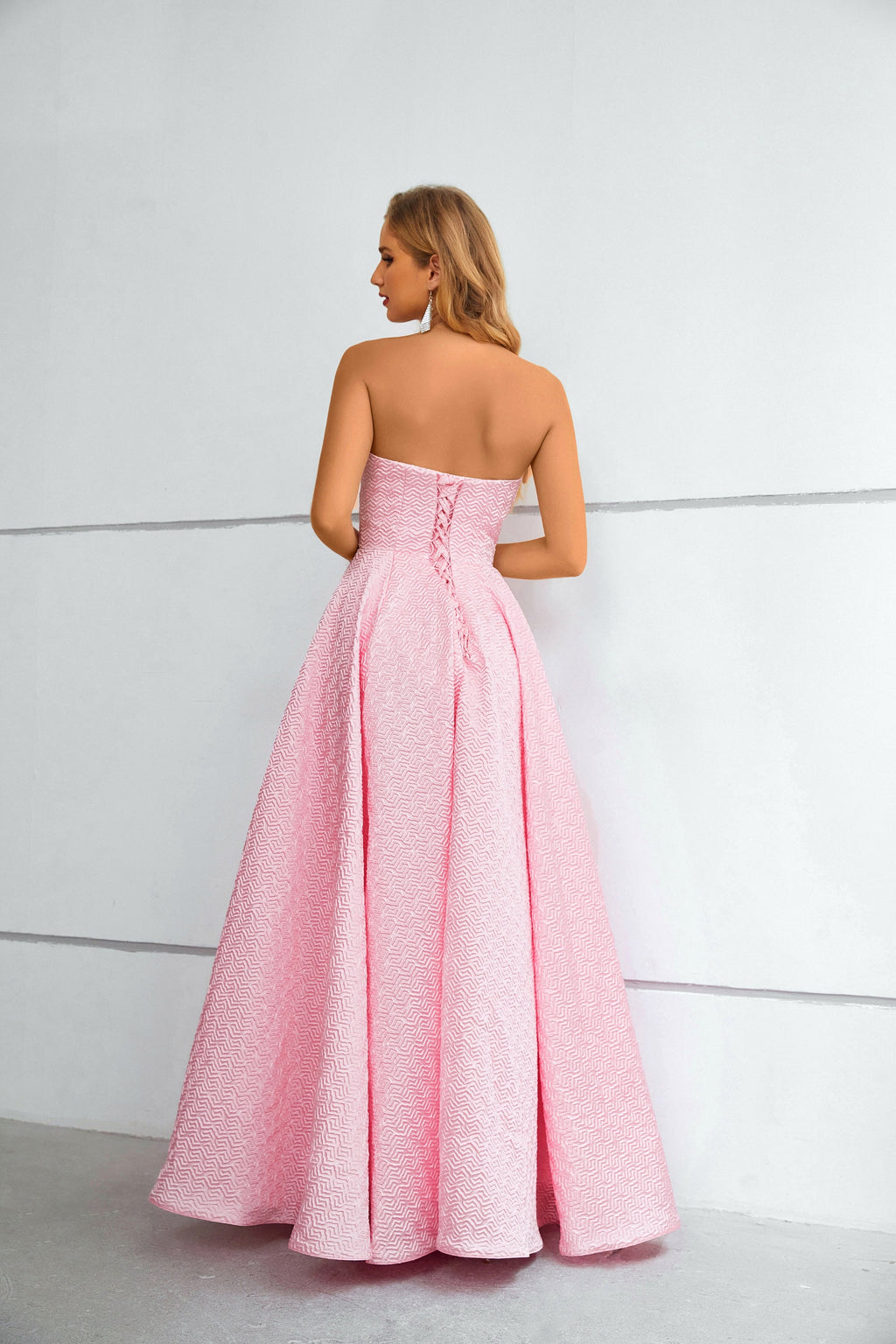 Pink Textured Strapless Ball Gown Maxi Dress with Chevron Pattern