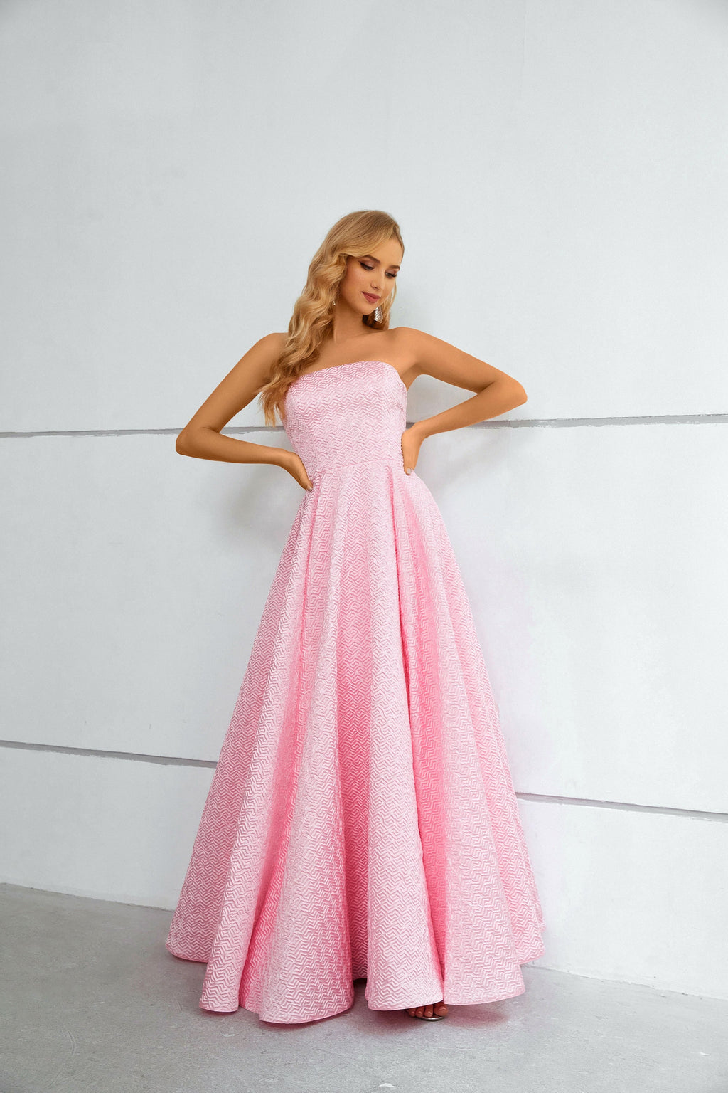 Pink Textured Strapless Ball Gown Maxi Dress with Chevron Pattern