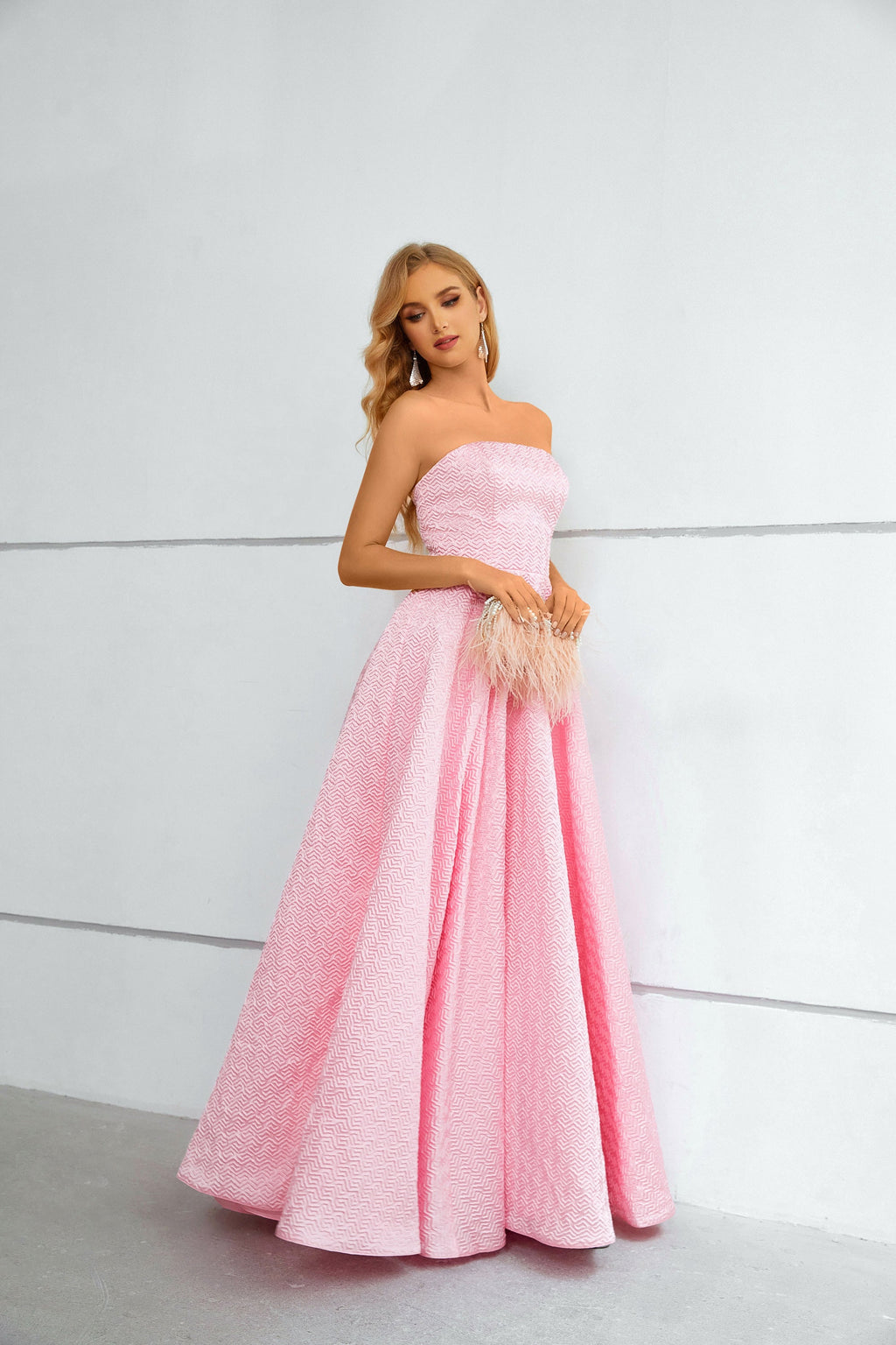 Pink Textured Strapless Ball Gown Maxi Dress with Chevron Pattern