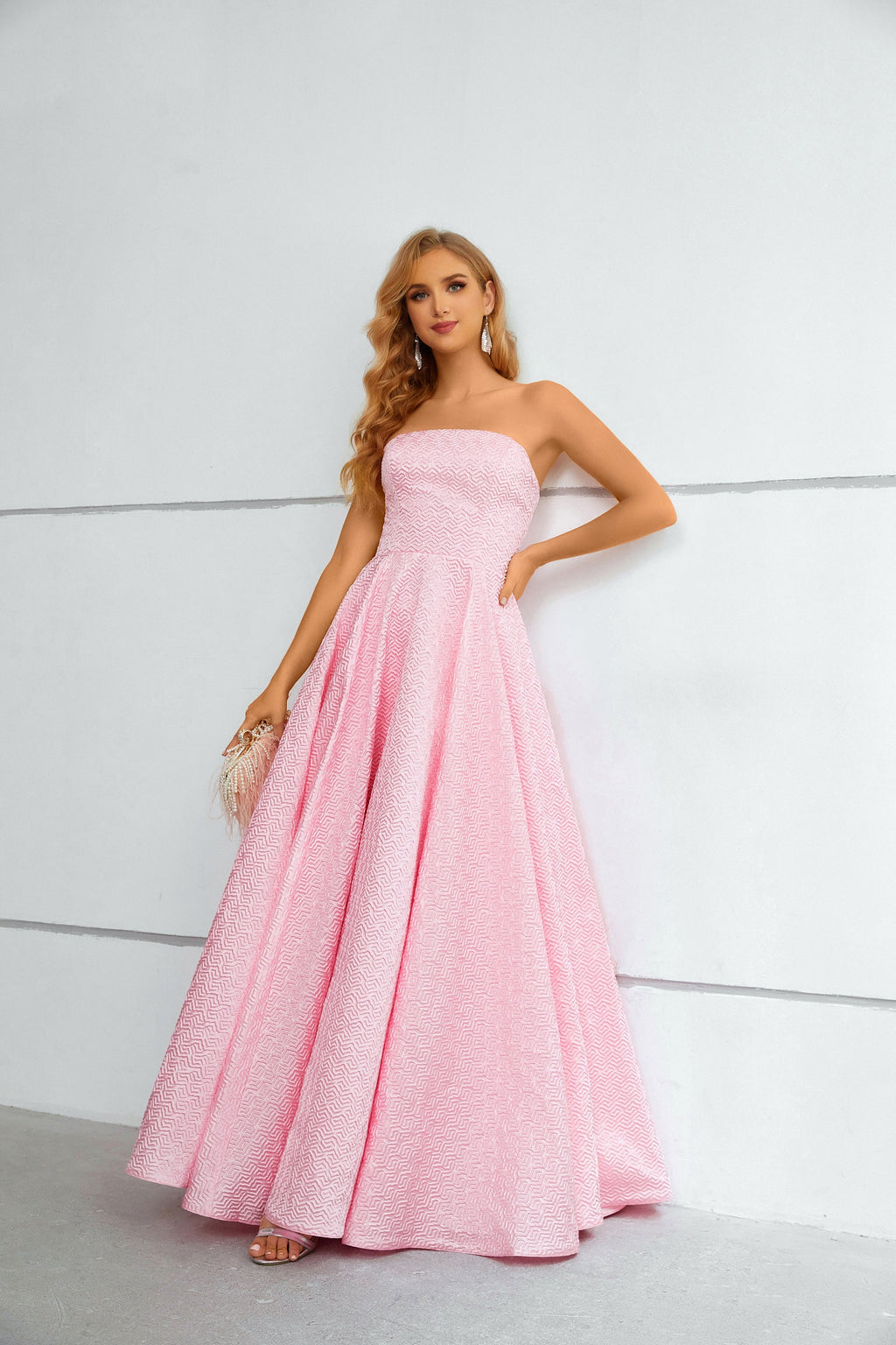 Pink Textured Strapless Ball Gown Maxi Dress with Chevron Pattern