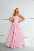 Pink Textured Strapless Ball Gown Maxi Dress with Chevron Pattern