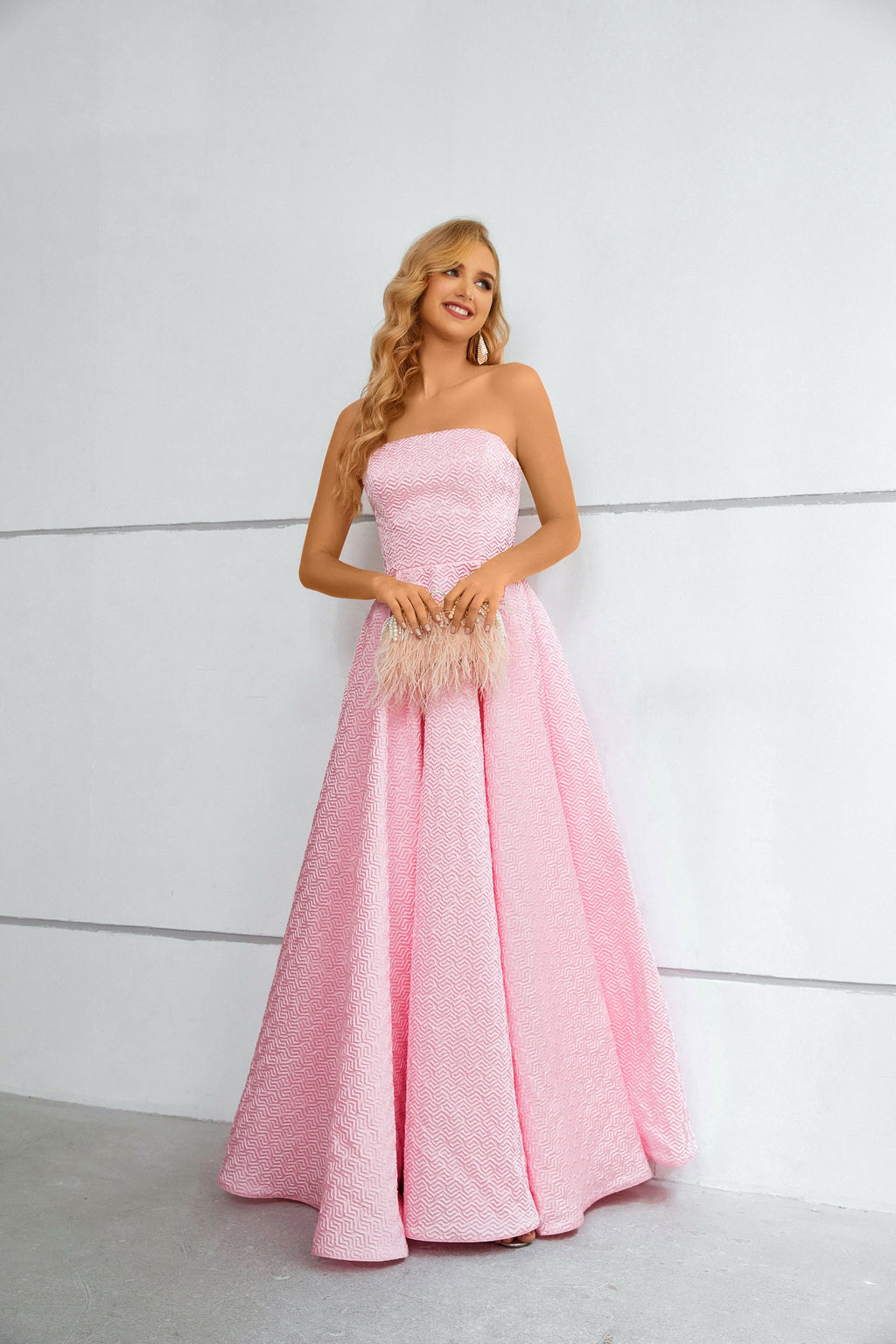 Pink Textured Strapless Ball Gown Maxi Dress with Chevron Pattern