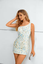 Iridescent Blue & White Sequin One-Shoulder Mini Dress