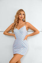 Iridescent Sequin Grid Spaghetti Strap Mini Dress